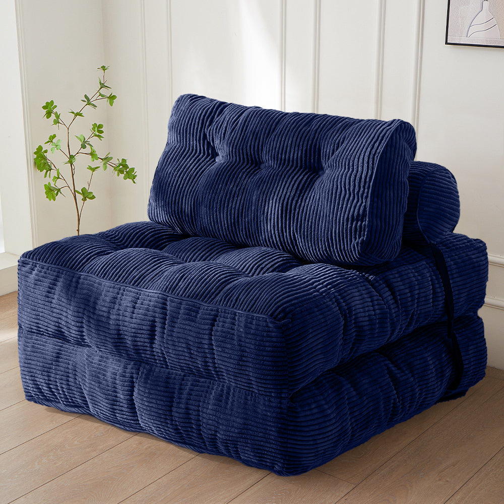 MAXYOYO Corduroy Folding Sofa Bed Convertible Sleeper Chair with Pillow Foldable Mattress with Back Support Navy