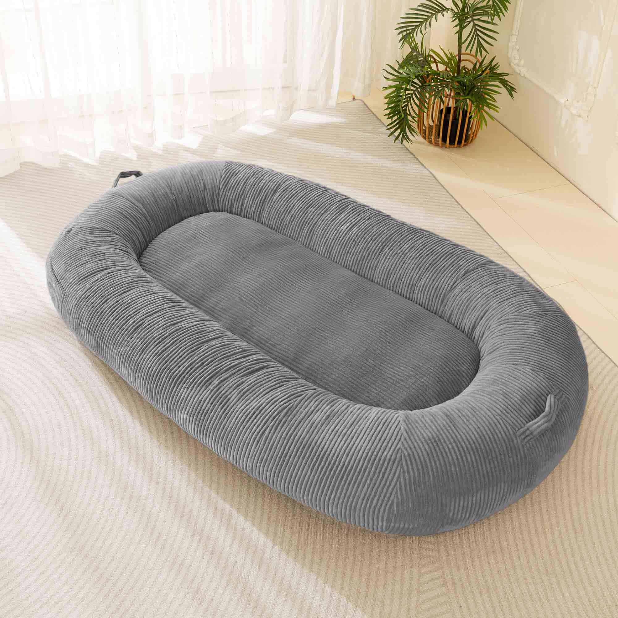  MAXYOYO Dog Bed for Human, Faux Fur Giant Bean Bag Bed for  People Adults, Extra Large Size Dog Bed for Pets, Cozy Nap Bed with Handle,  Removable Cover, Grey, 72.8x45.3x12 