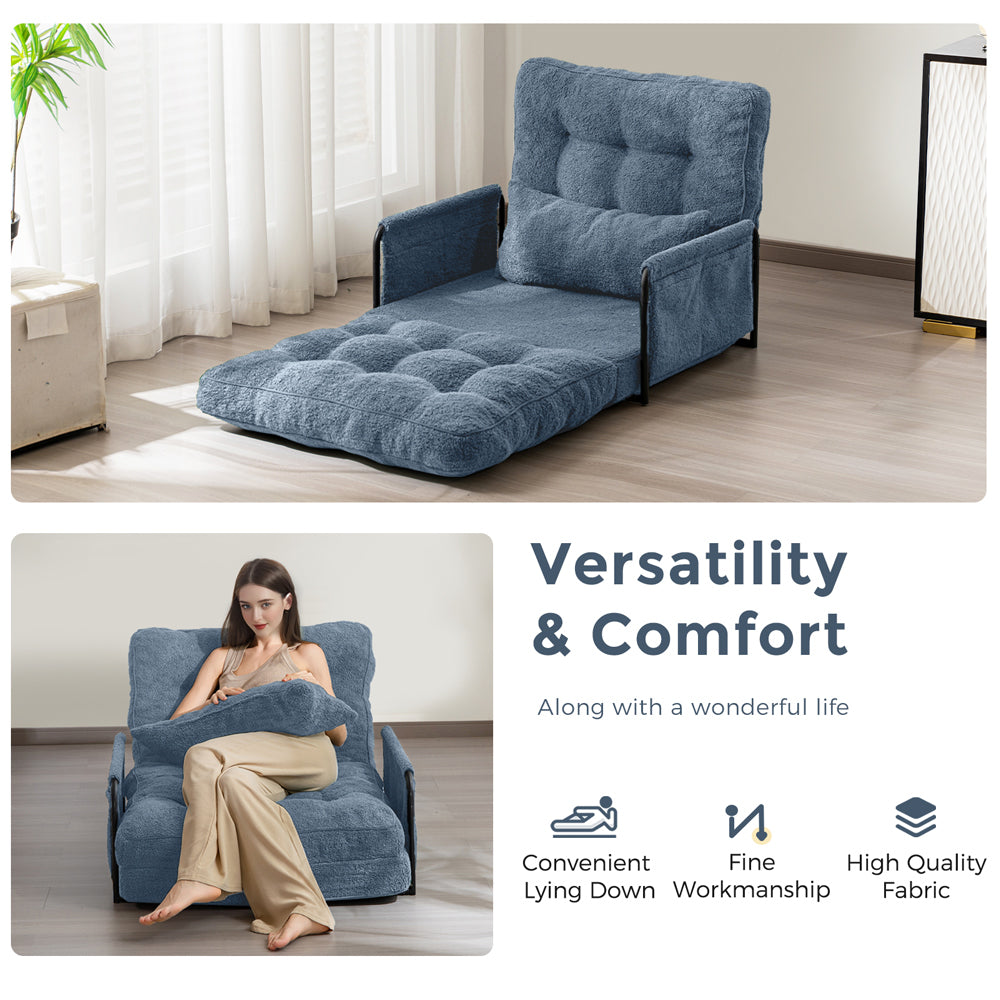 MAXYOYO Adjustable Floor Sofa Couch with Pillow, Boucle Convertible Lazy Sofa Sleeper Bed with Armrest, Single, Dusty Blue