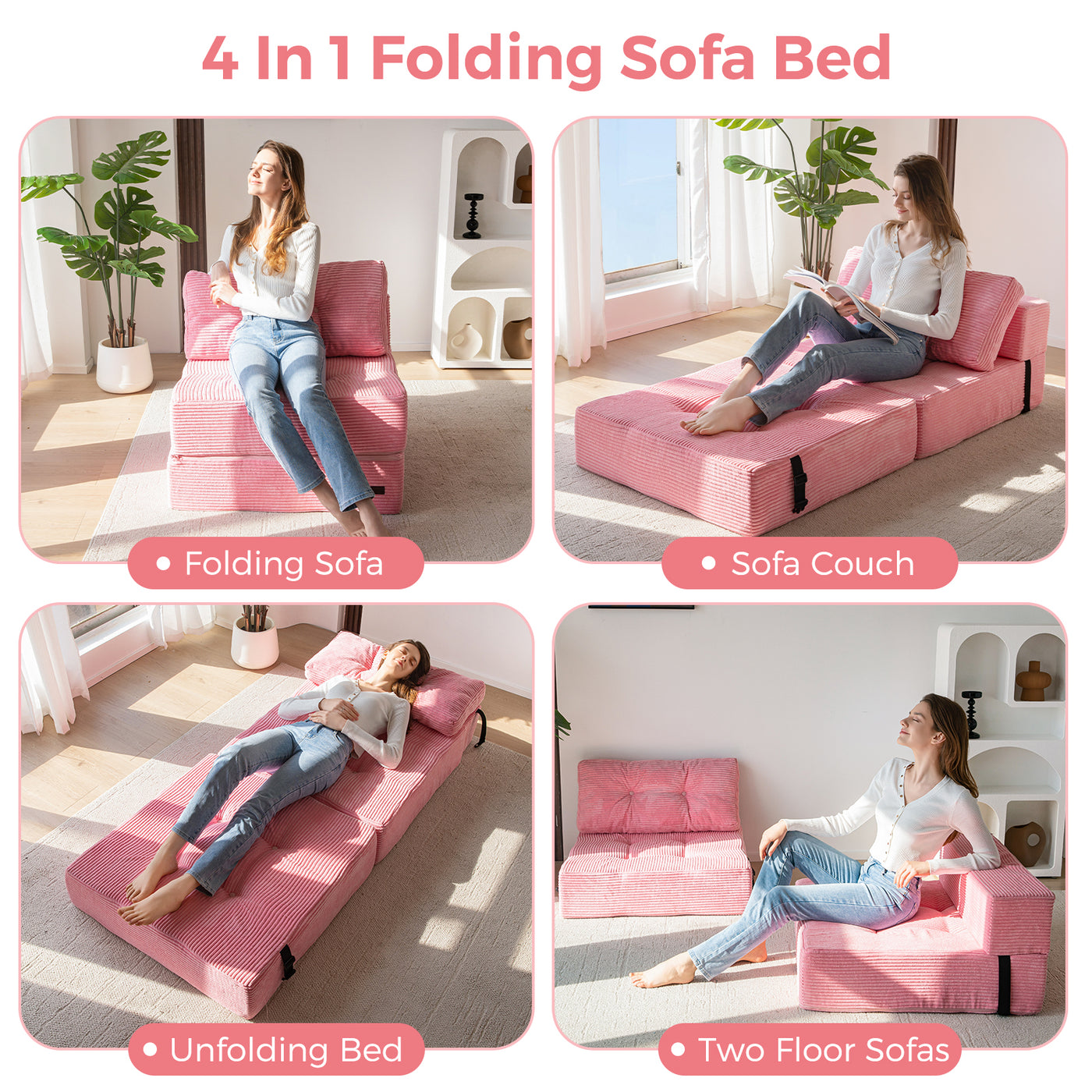 MAXYOYO Folding Sofa Bed, Convertible Sofa Bed with High-Density Support Foam for Living Room Bedroom, Pink