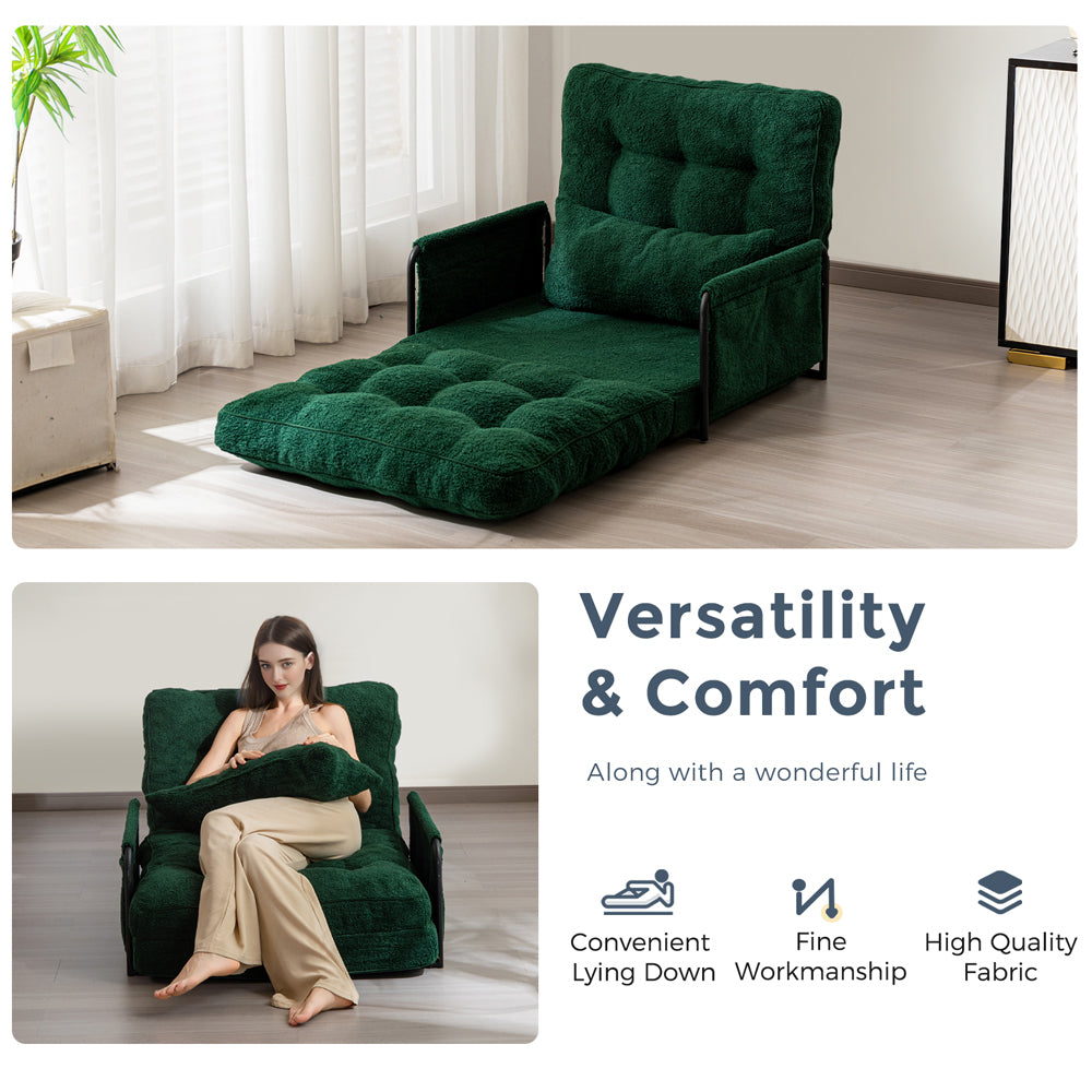 MAXYOYO Adjustable Floor Sofa Couch with Pillow, Boucle Convertible Lazy Sofa Sleeper Bed with Armrest, Single, Green