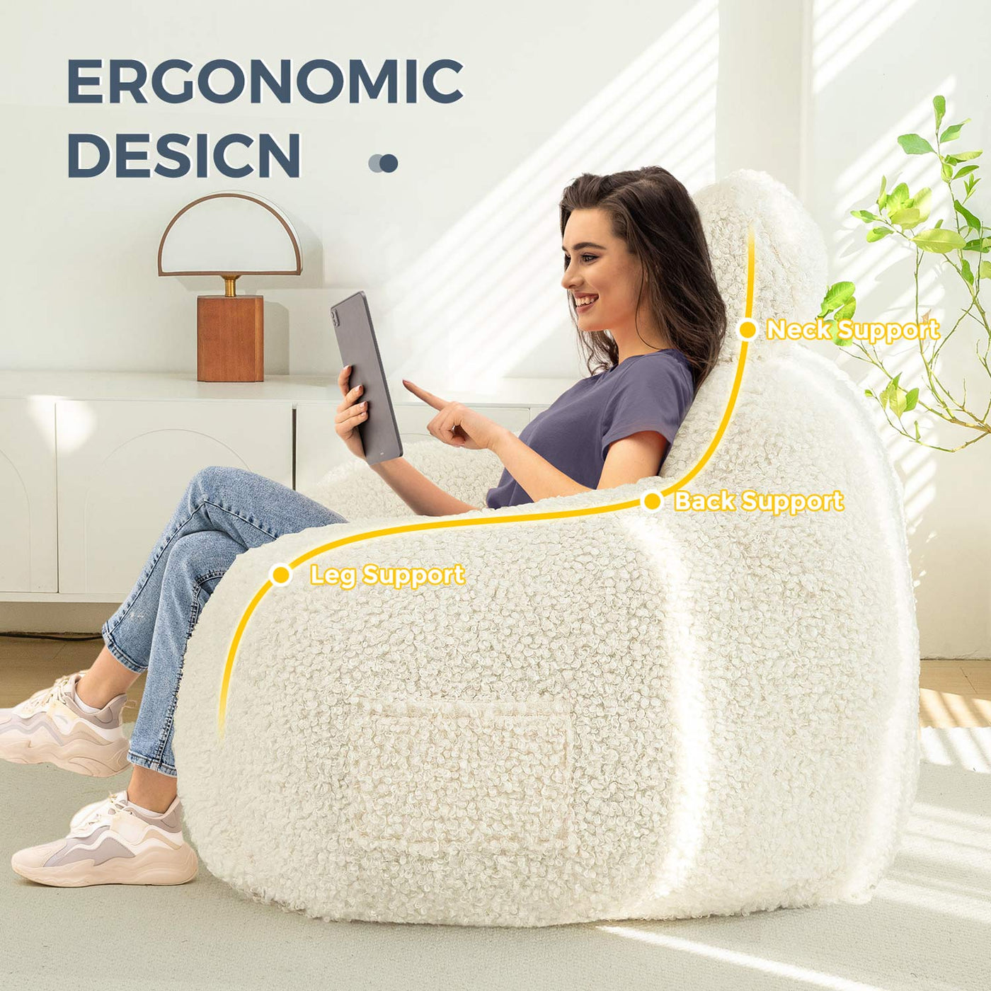 MAXYOYO Bean Bag Chair with Pillow, Wool Comfy Large Bean Bag Chair Couch for Reading and Gaming, Cream