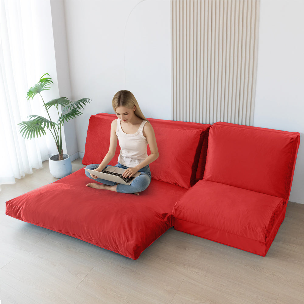 MAXYOYO Bean Bag Folding Sofa Bed, Velvet Floor Sofa with Washable Cover for Adults, Red
