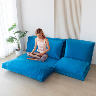 MAXYOYO Bean Bag Folding Sofa Bed, Velvet Floor Sofa with Washable Cover for Adults, Blue