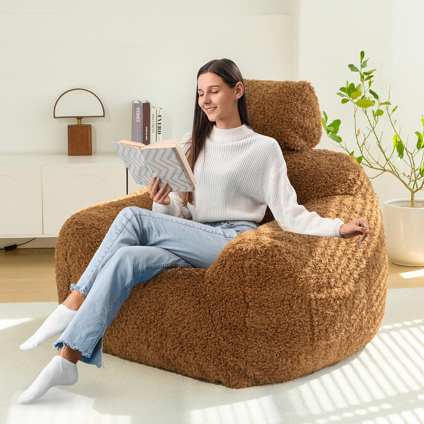 MAXYOYO Bean Bag Chair with Pillow, Wool Comfy Large Bean Bag Chair Couch for Reading and Gaming, Coffee