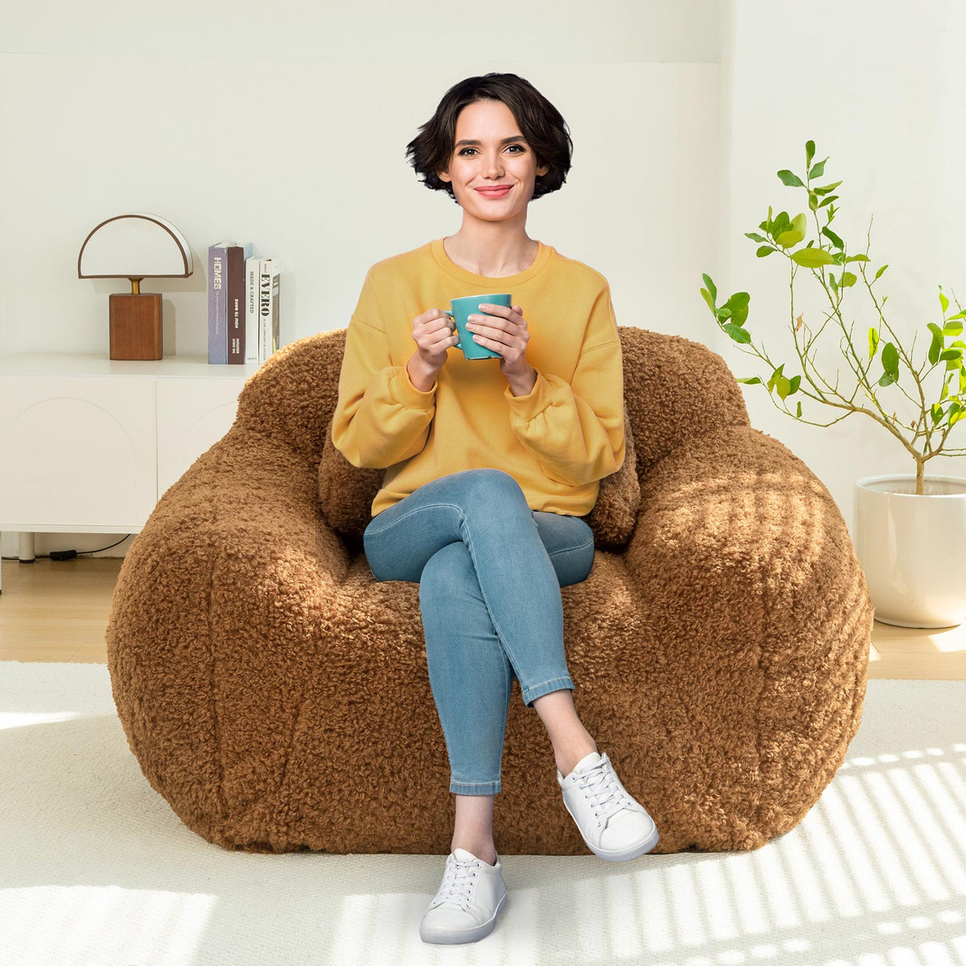 MAXYOYO Bean Bag Chair with Pillow, Wool Comfy Large Bean Bag Chair Couch for Reading and Gaming, Coffee