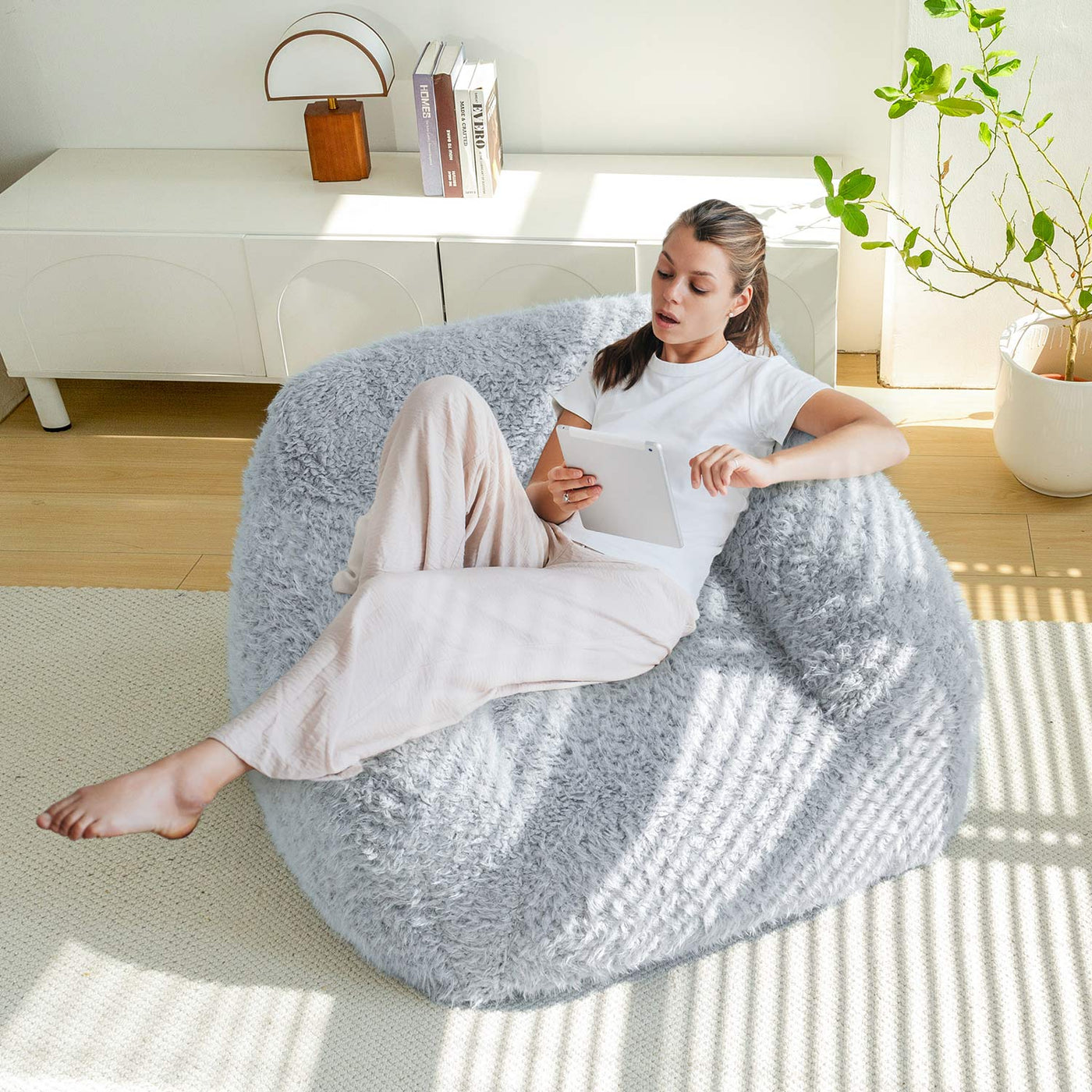 MAXYOYO Bean Bag Chair with Pillow, Fluffy Comfy Large Bean Bag Chair Couch for Reading and Gaming, Dusty Blue