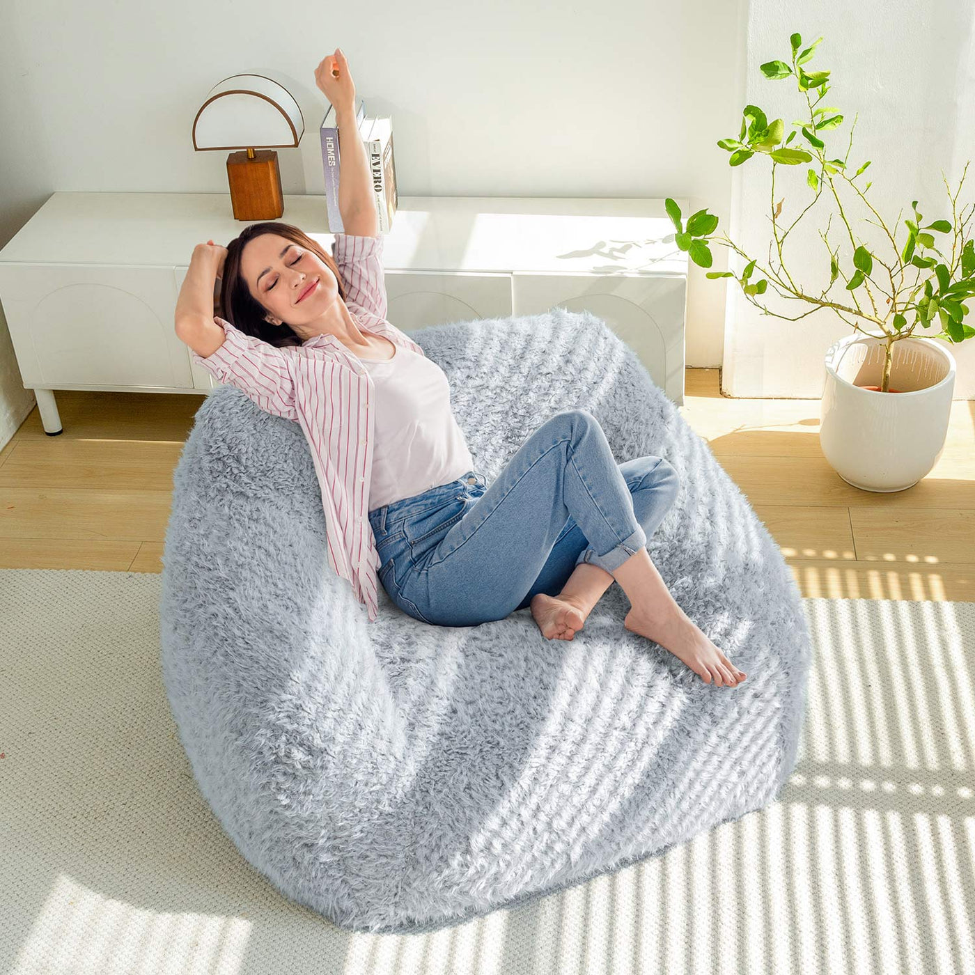 MAXYOYO Bean Bag Chair with Pillow, Fluffy Comfy Large Bean Bag Chair Couch for Reading and Gaming, Dusty Blue