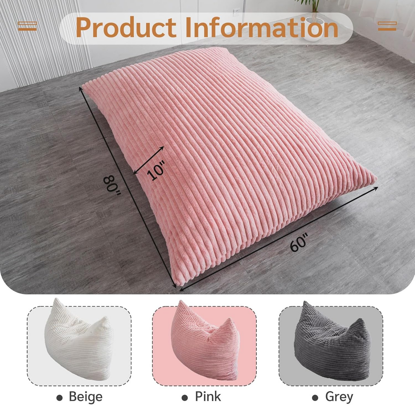 MAXYOYO 3 in 1 Bean Bag Chairs, Soft Striped Faux Fur Convertible Large Floor Pillow BeanBag, Pink