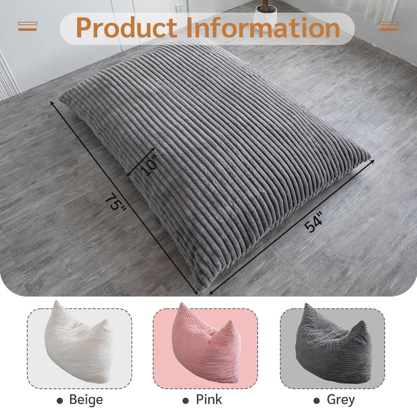 MAXYOYO 3 in 1 Bean Bag Chairs, Soft Striped Faux Fur Convertible Large Floor Pillow BeanBag, Dark Grey