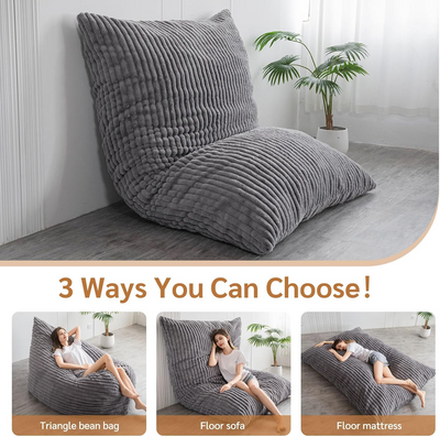 MAXYOYO 3 in 1 Bean Bag Chairs, Soft Striped Faux Fur Convertible Large Floor Pillow BeanBag, Dark Grey