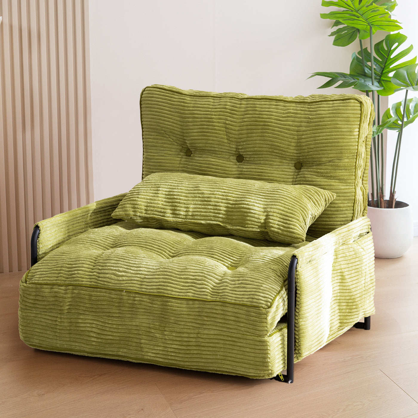 MAXYOYO Adjustable Floor Sofa Couch with Pillow, 5-Position Foldable Lazy Sofa Sleeper Bed with Armrest, Single Size, Green