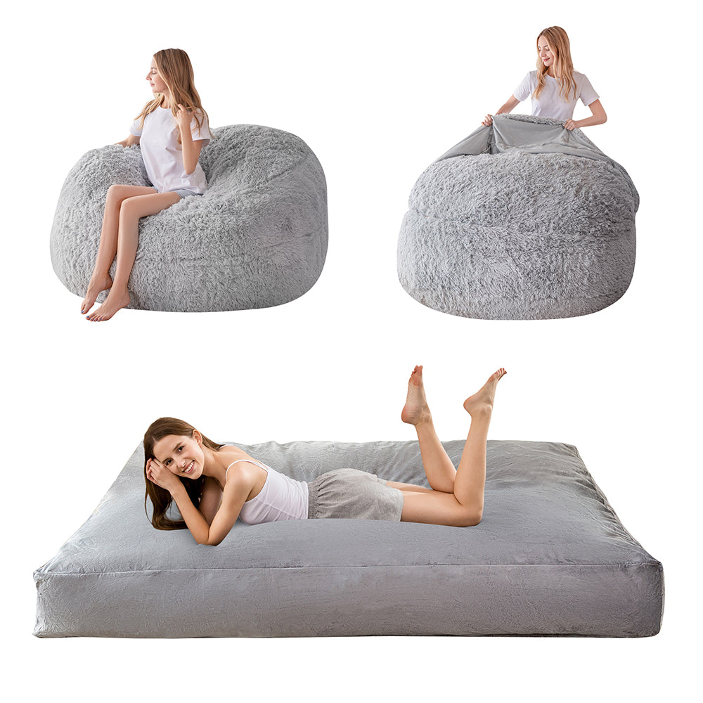 MAXYOYO Bean Bag Bed, Faux Fur BeanBag Chair to Velvet Floor Bed with Removable Cover, Grey