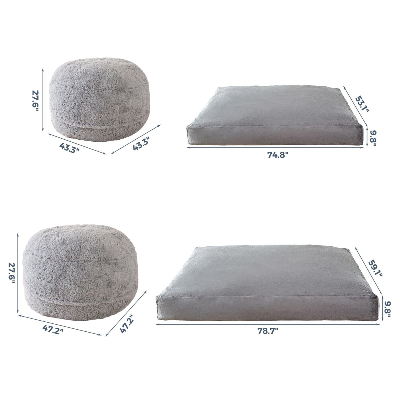 MAXYOYO Bean Bag Bed, Faux Fur BeanBag Chair to Velvet Floor Bed with Removable Cover, Grey