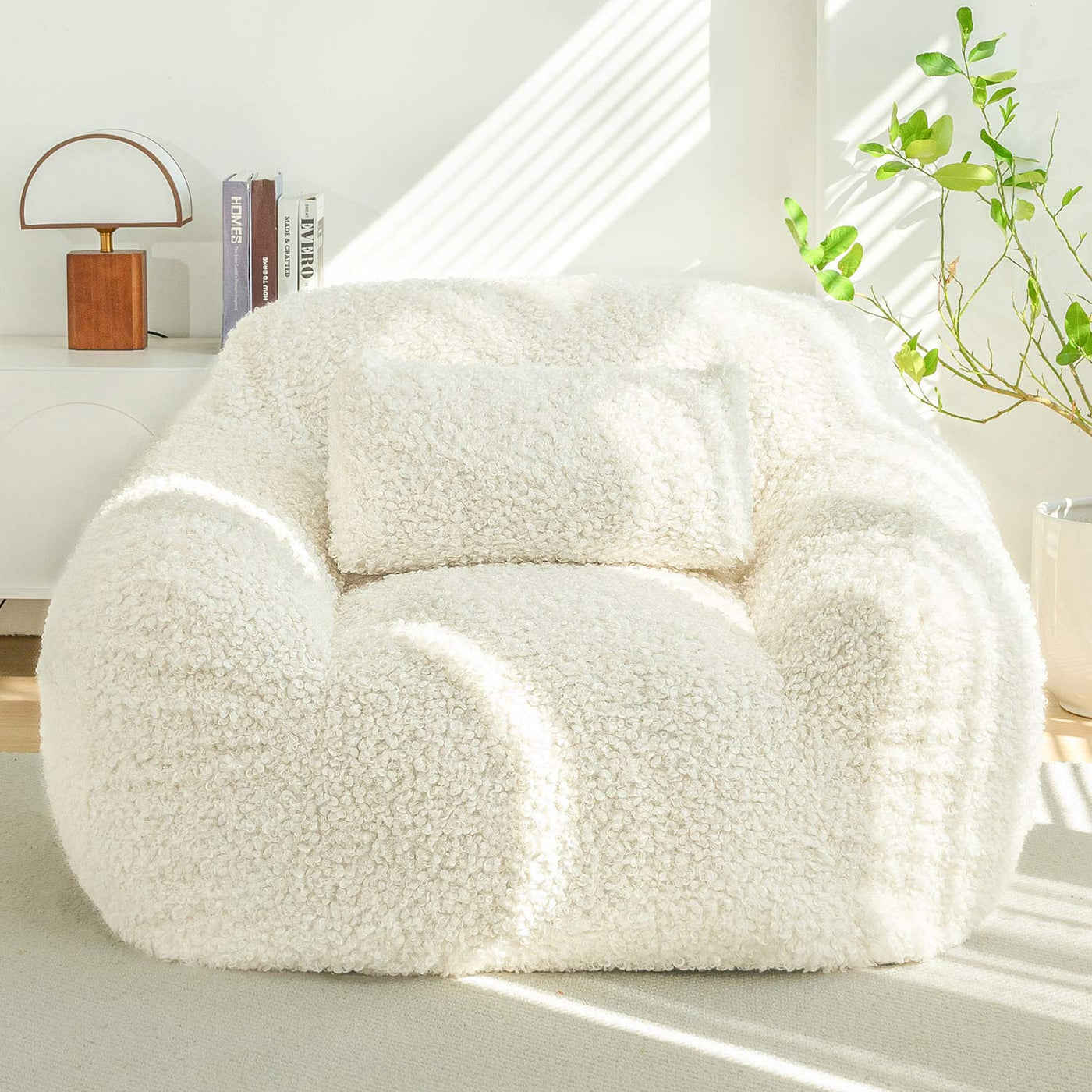 MAXYOYO Bean Bag Chair with Pillow, Wool Comfy Large Bean Bag Chair Couch for Reading and Gaming, Cream