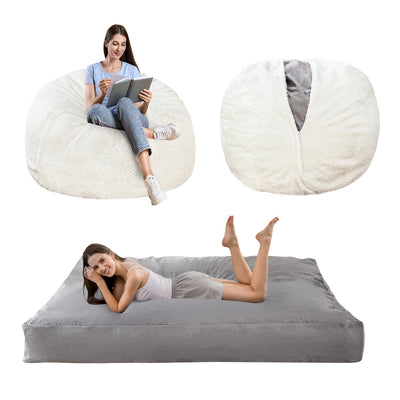 MAXYOYO Bean Bag Bed, BeanBag Chair to Velvet Bed with Faux Fur Printing Removable Cover for Living Room Bedroom, Beige