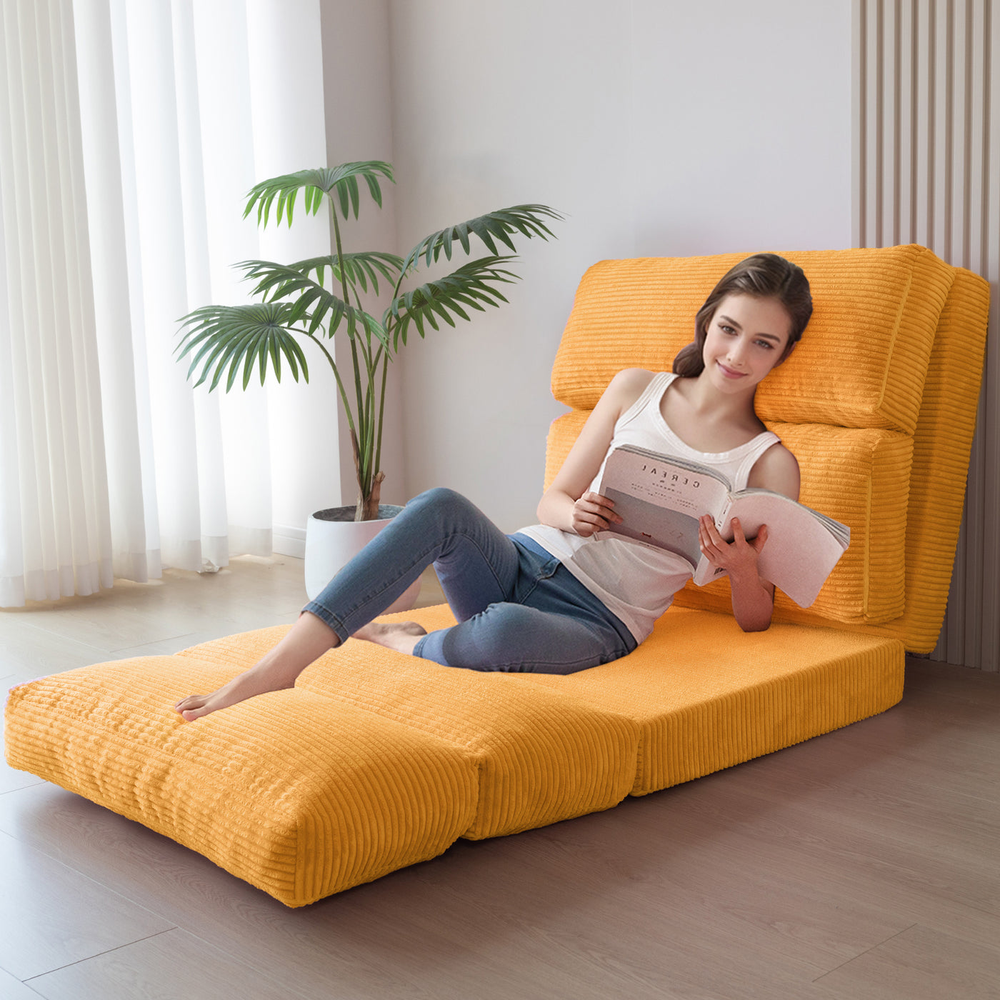 MAXYOYO Bean Bag Folding Sofa Bed, Corduroy Extra-Wide Foldable Floor Mattress, Orange