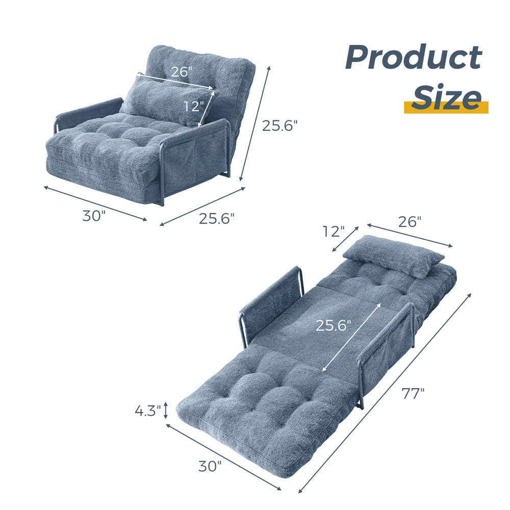 MAXYOYO Adjustable Floor Sofa Couch with Pillow, Boucle Convertible Lazy Sofa Sleeper Bed with Armrest, Single, Dusty Blue