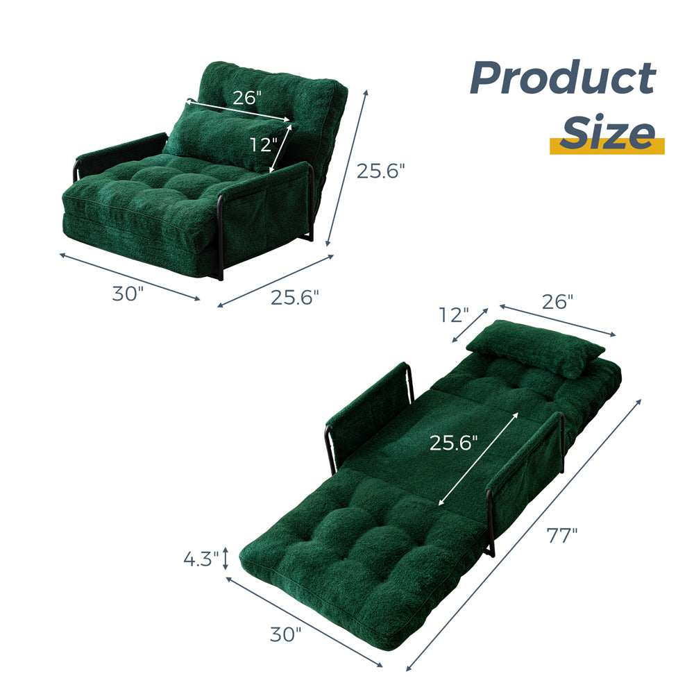 MAXYOYO Adjustable Floor Sofa Couch with Pillow, Boucle Convertible Lazy Sofa Sleeper Bed with Armrest, Single, Green