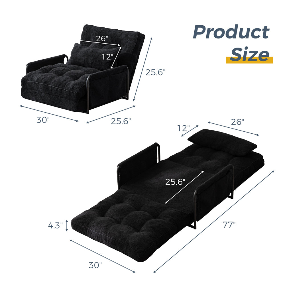 MAXYOYO Adjustable Floor Sofa Couch with Pillow, Boucle Convertible Lazy Sofa Sleeper Bed with Armrest, Single, Black