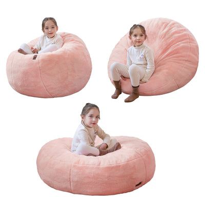 MAXYOYO 3 in 1 Kids Bean Bag Chair Bed, Faux Fur Round Child Floor Sofa for Gaming, Reading (Pink)