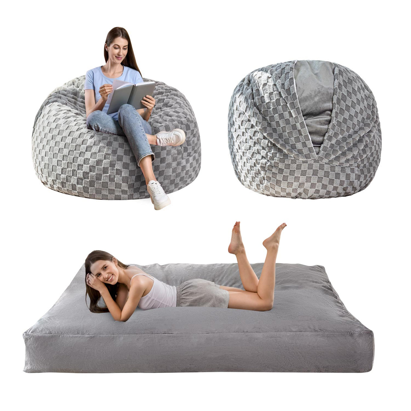 MAXYOYO Bean Bag Bed, Giant Bean Bag Chair to Bed with Jacquard Shaggy Plush Removable Cover for Living Room Bedroom, Grey