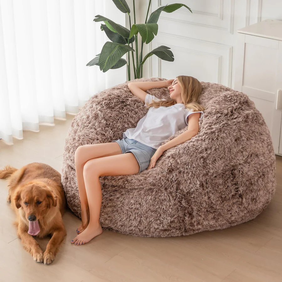 MAXYOYO Bean Bag Bed, Faux Fur BeanBag Chair to Velvet Floor Bed with Removable Cover, Coffee