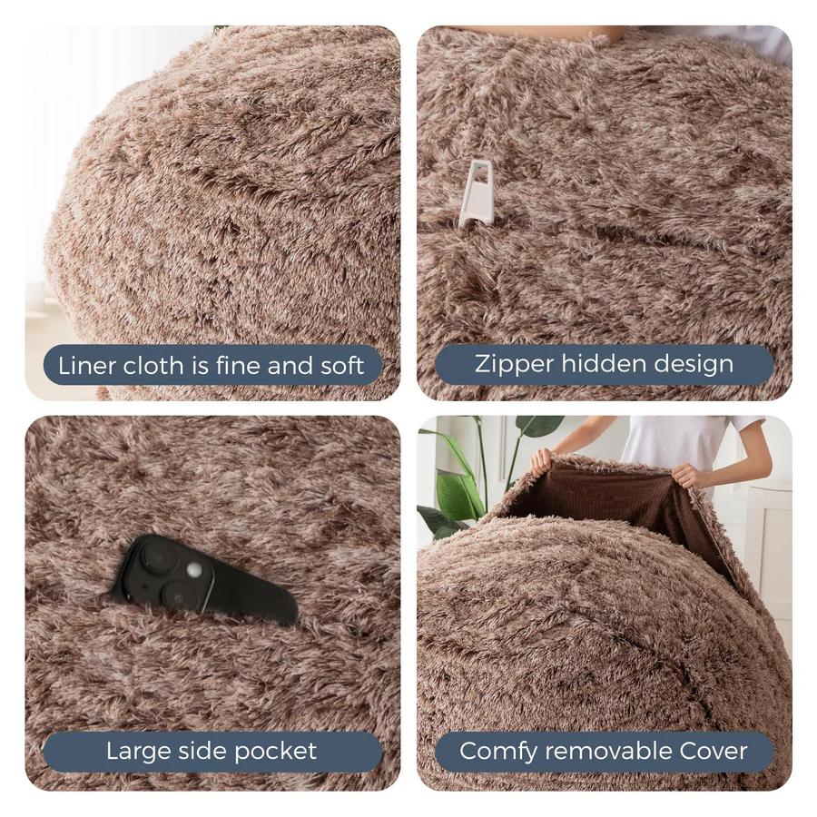 MAXYOYO Bean Bag Bed, Faux Fur BeanBag Chair to Velvet Floor Bed with Removable Cover, Coffee