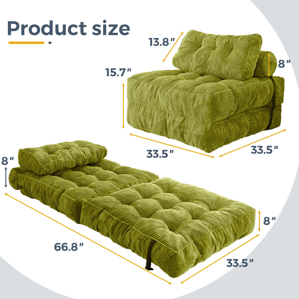 MAXYOYO Corduroy Folding Sofa Bed, Convertible Sleeper Chair with Pillow Foldable Mattress with Back Support, Green