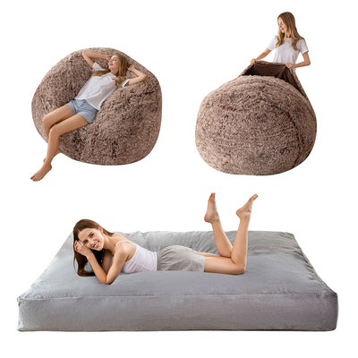 MAXYOYO Bean Bag Bed, Faux Fur BeanBag Chair to Velvet Floor Bed with Removable Cover, Coffee