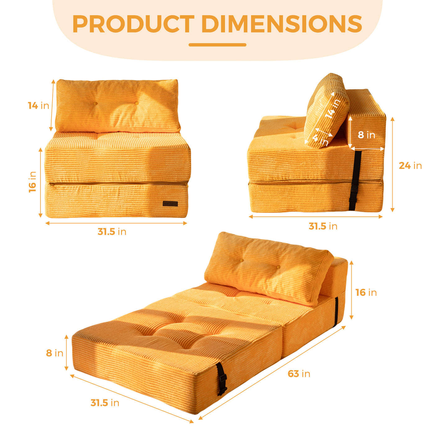 MAXYOYO Folding Sofa Bed, Convertible Sofa Bed with High-Density Support Foam for Living Room Bedroom, Orange