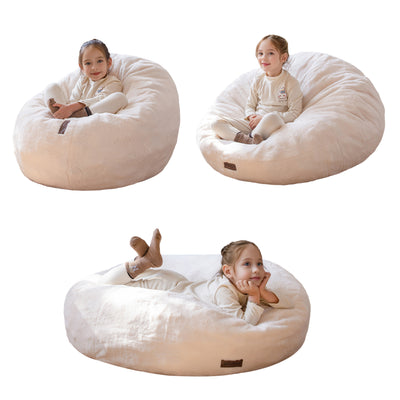 MAXYOYO 3 in 1 Kids Bean Bag Chair Bed, Faux Fur Round Child Floor Sofa for Gaming, Reading (Beige)