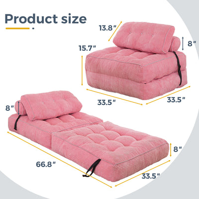 MAXYOYO Corduroy Folding Sofa Bed, Convertible Sleeper Chair with Pillow Foldable Mattress with Back Support, Pink