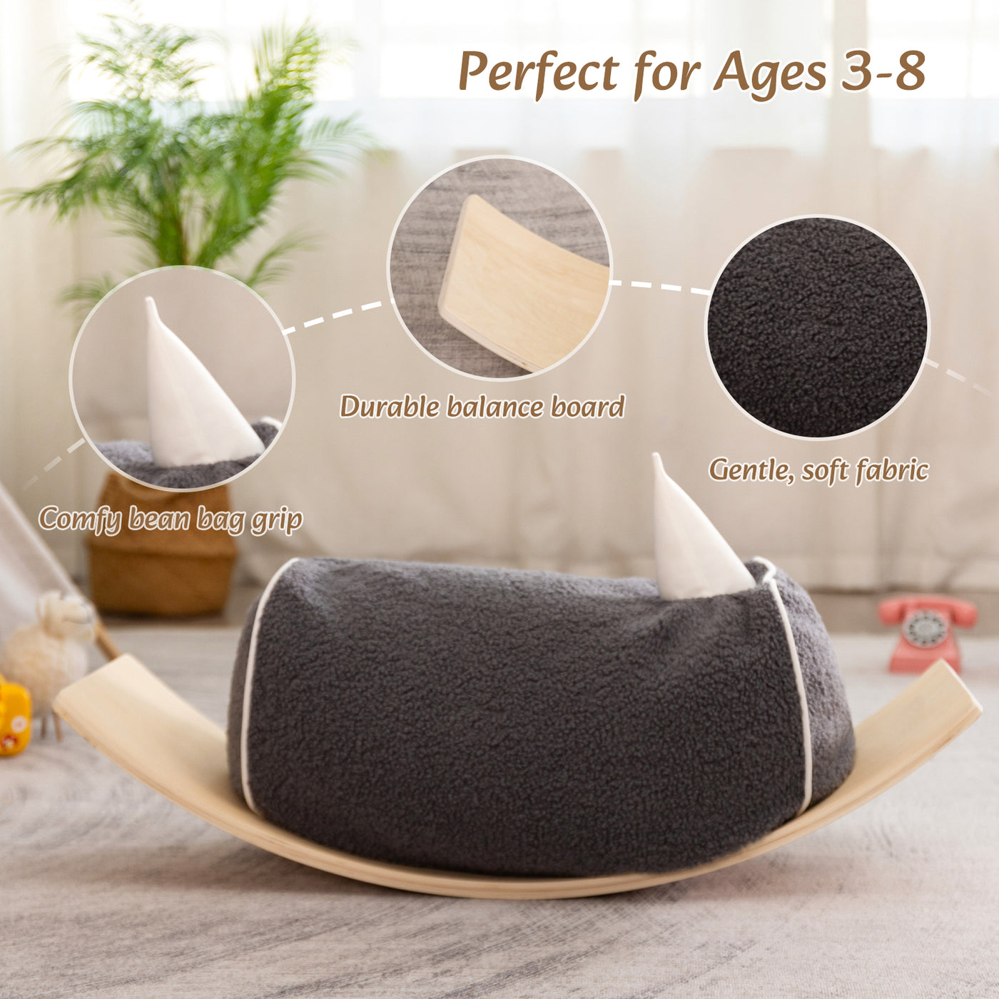 MAXYOYO Kids Bean Bag Chair, Wooden Wobble Balance Board with Bean Bag Chair for Kids Toddlers, Grey
