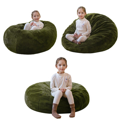 MAXYOYO 3 in 1 Kids Bean Bag Chair Bed, Faux Fur Round Child Floor Sofa for Gaming, Reading (Green)