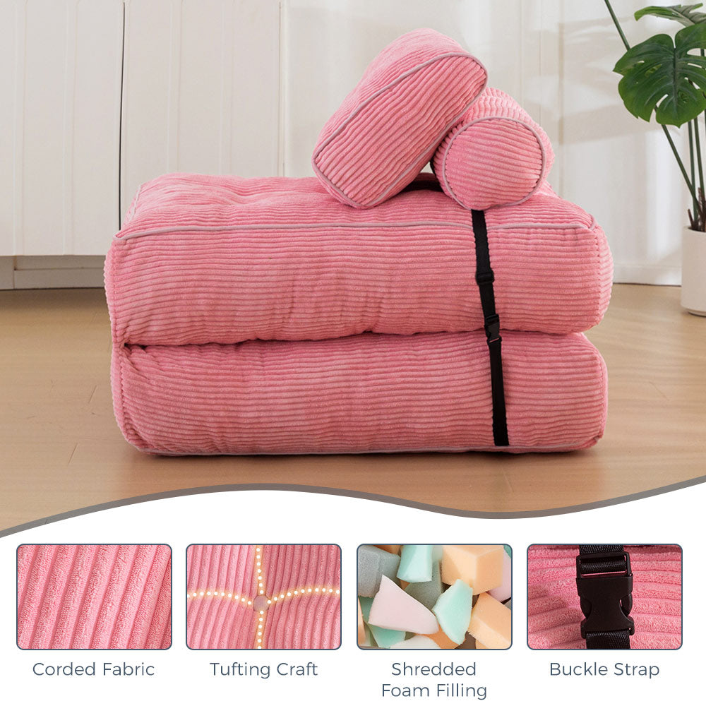 MAXYOYO Corduroy Folding Sofa Bed, Convertible Sleeper Chair with Pillow Foldable Mattress with Back Support, Pink