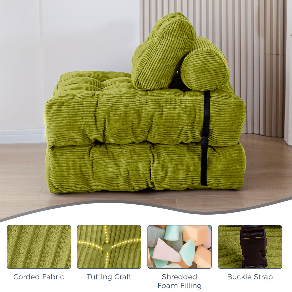 MAXYOYO Corduroy Folding Sofa Bed, Convertible Sleeper Chair with Pillow Foldable Mattress with Back Support, Green