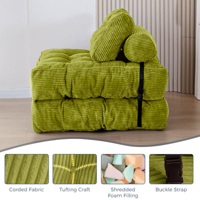 MAXYOYO Corduroy Folding Sofa Bed, Convertible Sleeper Chair with Pillow Foldable Mattress with Back Support, Green