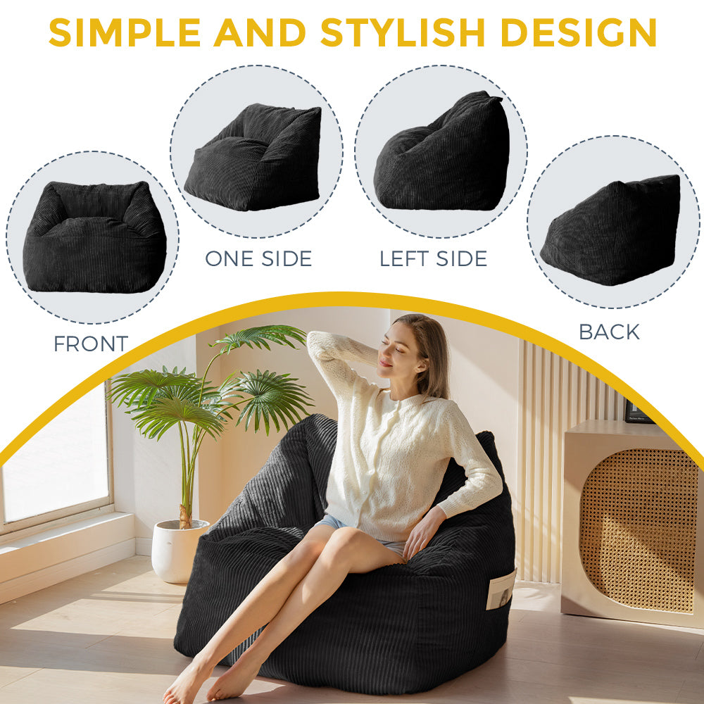 MAXYOYO Bean Bag Chair, Floor Sofa with Handle, Teens Living Room Accent Sofa Chair with Pocket for Gaming Reading Relaxing (Black)