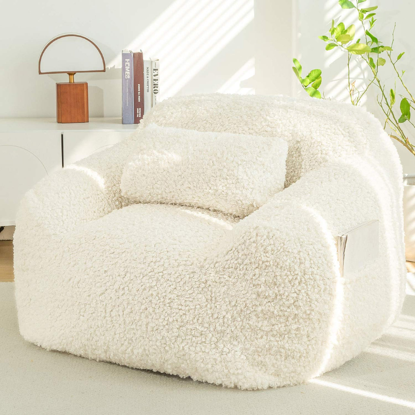 MAXYOYO Bean Bag Chair with Pillow, Wool Comfy Large Bean Bag Chair Couch for Reading and Gaming, Cream