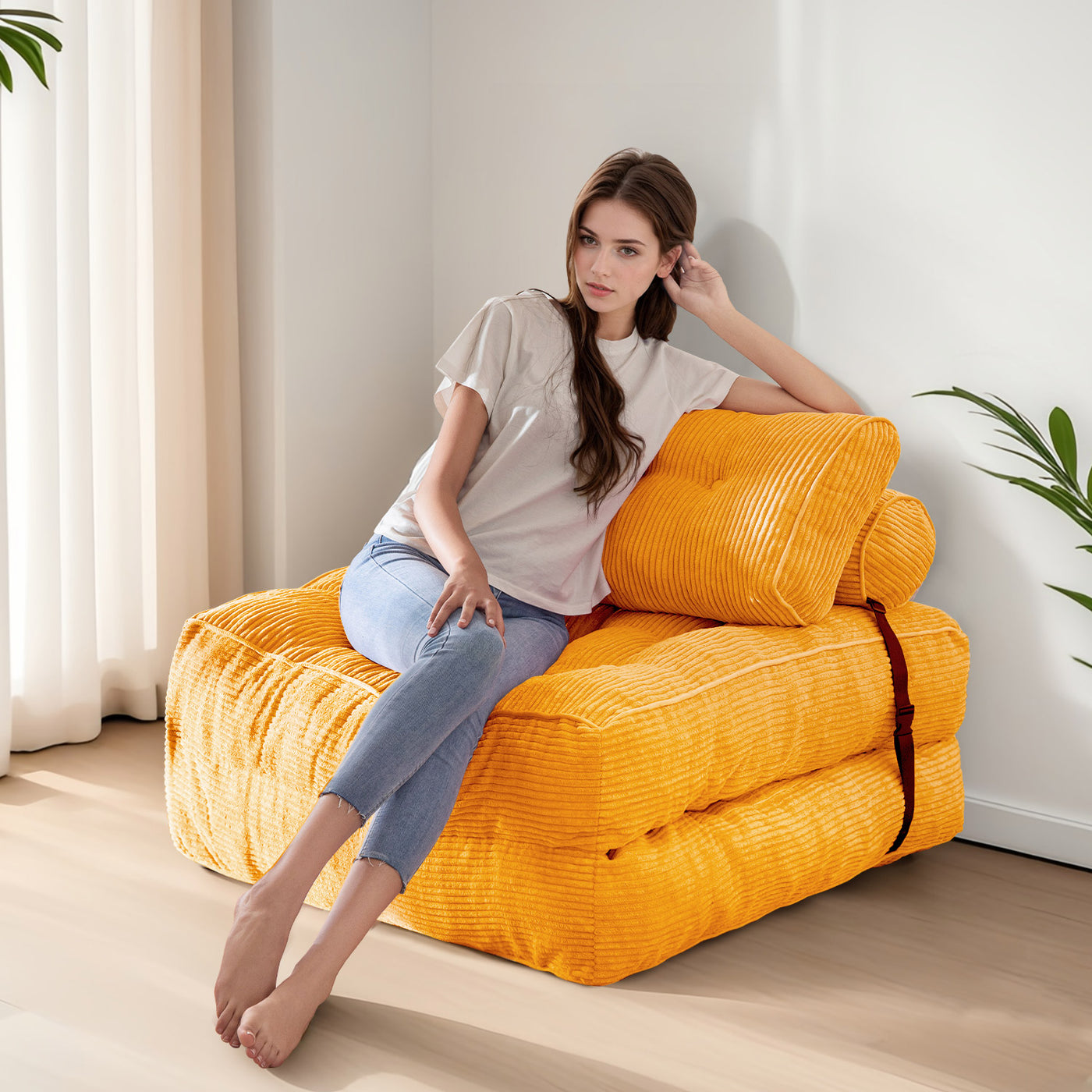 corduroy bean bag folding sofa#color_orange