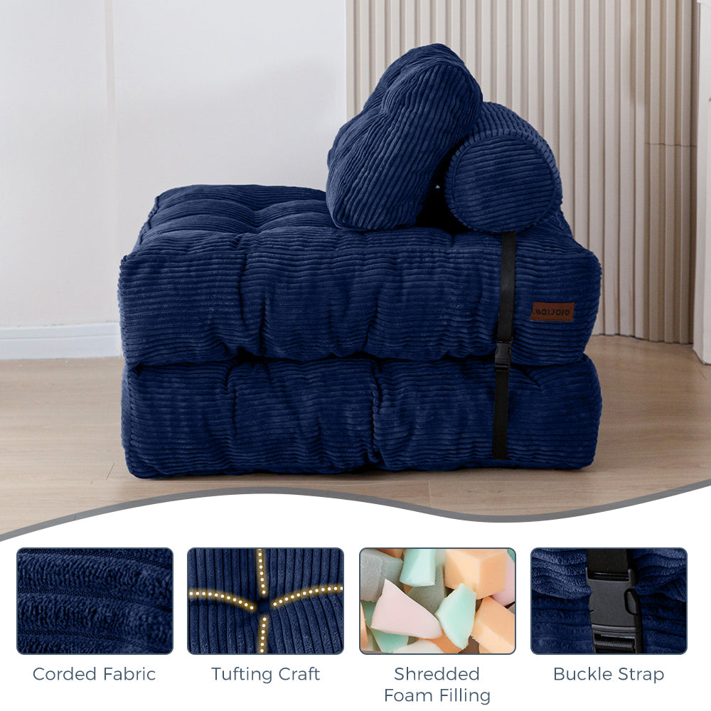 MAXYOYO Corduroy Folding Sofa Bed, Convertible Sleeper Chair with Pillow Foldable Mattress with Back Support, Navy