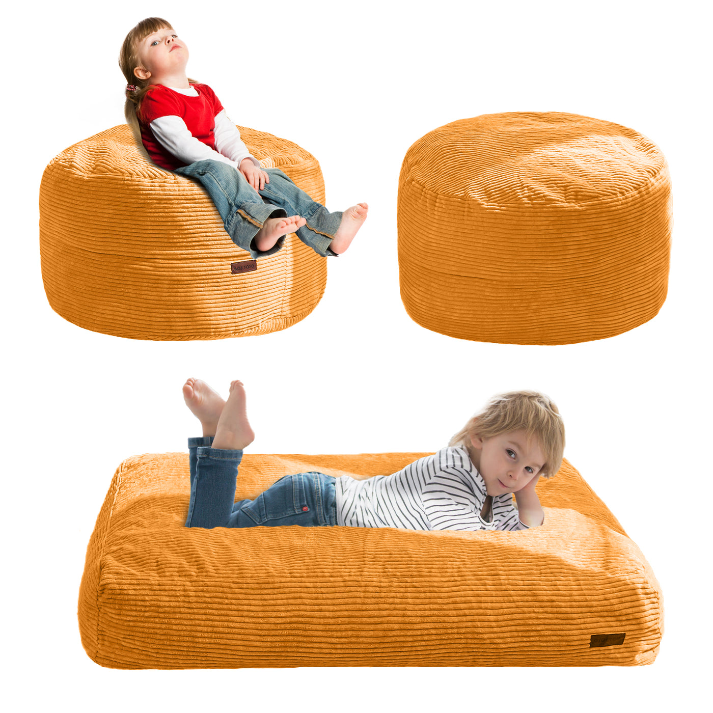 MAXYOYO Corduroy Bean Bag Chair Bed for Kids, Convertible Bean Bag Folds from Chair to Floor Mattress, Orange