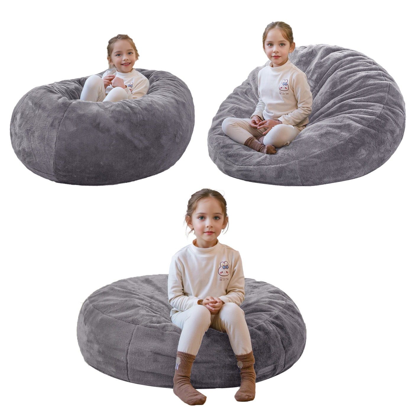 MAXYOYO 3 in 1 Kids Bean Bag Chair Bed, Faux Fur Round Child Floor Sofa for Gaming, Reading (Dark Grey)