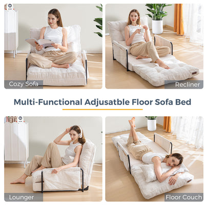 MAXYOYO Adjustable Floor Sofa Couch with Pillow, 5-Position Foldable Lazy Sofa Sleeper Bed with Armrest, Single Size, Beige