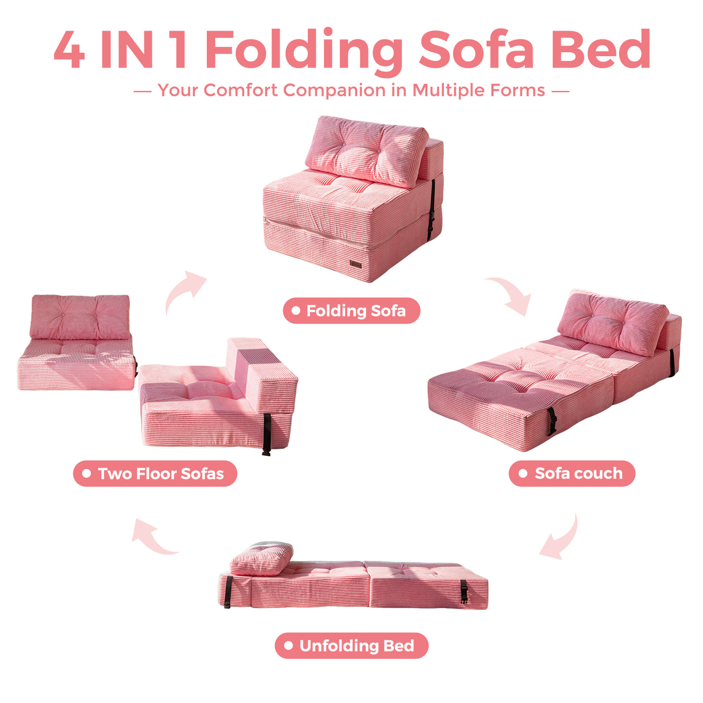 MAXYOYO Folding Sofa Bed, Convertible Sofa Bed with High-Density Support Foam for Living Room Bedroom, Pink