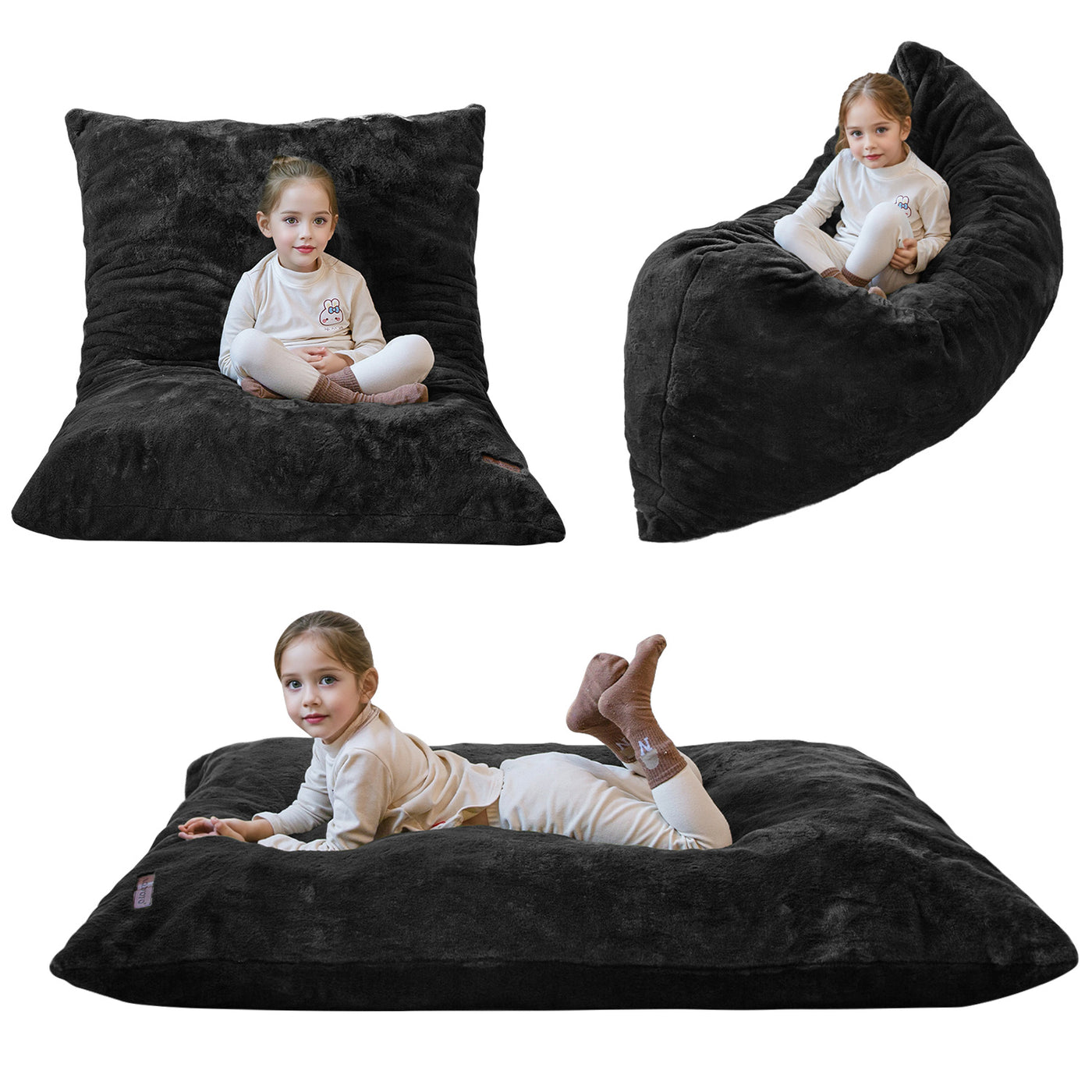 MAXYOYO 3 in 1 Kids Bean Bag Chair Bed, Faux Fur Child Floor Sofa for Gaming, Reading (Black)