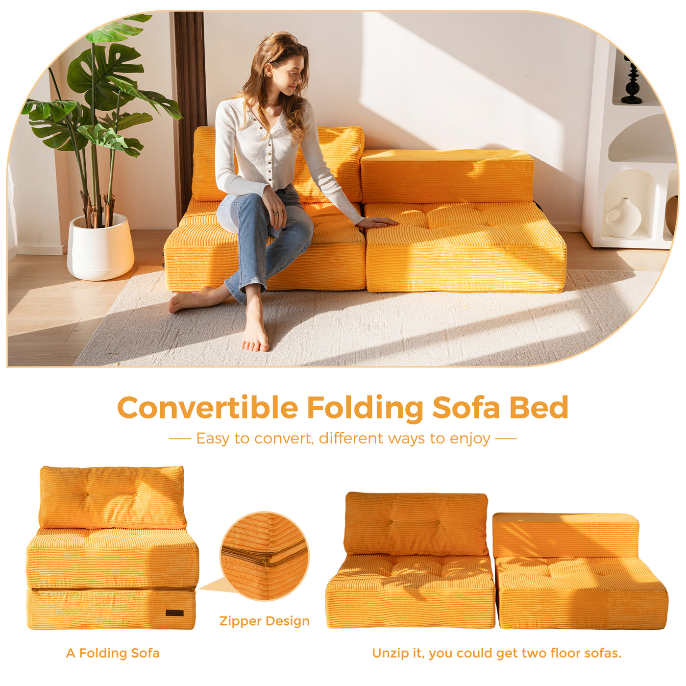 MAXYOYO Folding Sofa Bed, Convertible Sofa Bed with High-Density Support Foam for Living Room Bedroom, Orange