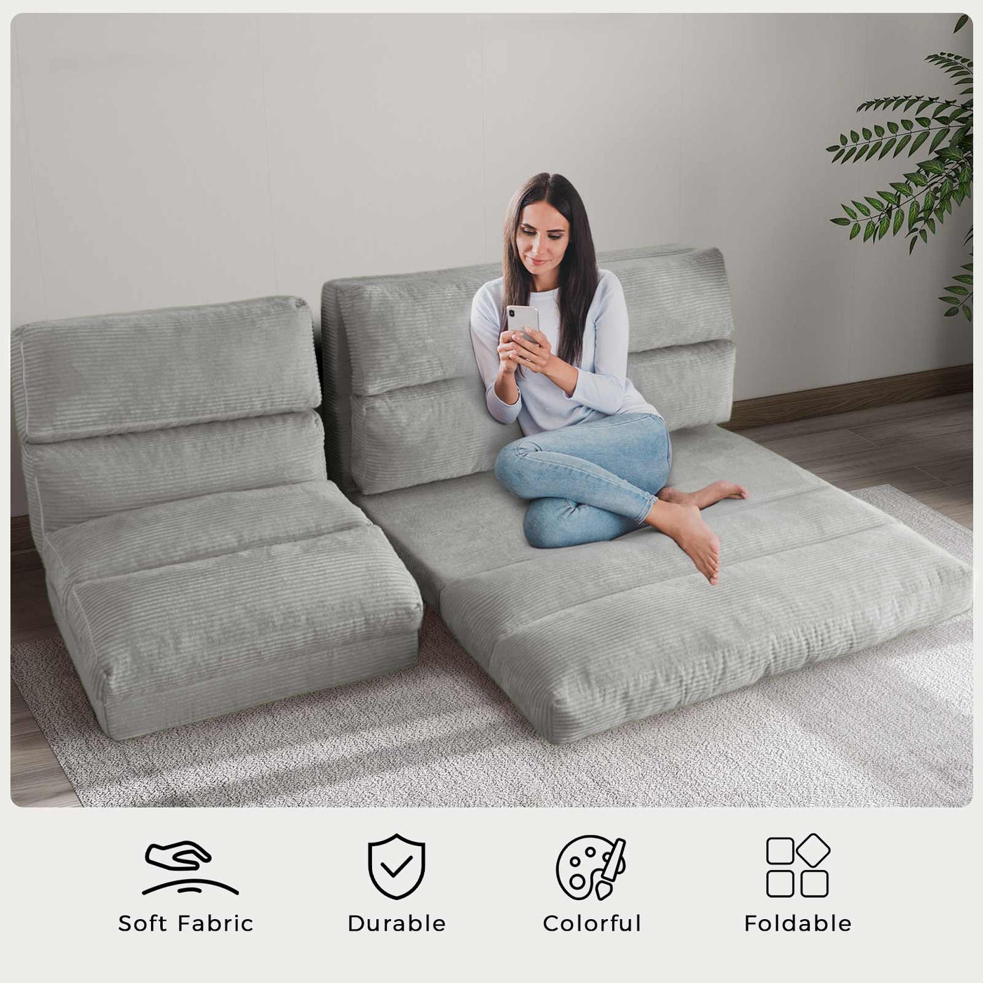 MAXYOYO Bean Bag Folding Sofa Bed, Corduroy Extra-Wide Fold Full Floor Mattress, Light Gray