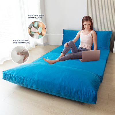 MAXYOYO Bean Bag Folding Sofa Bed, Velvet Floor Sofa with Washable Cover for Adults, Blue